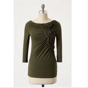 Anthropologie Deletta Floral Frappe Blouse Olive Green 3/4 SLEEVE Size